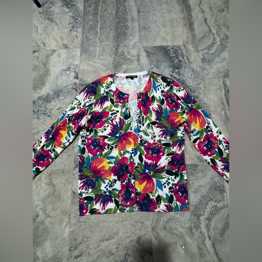 Cable & Gauge Floral Cardigan in White with Pink, Purple, Yellow & Green